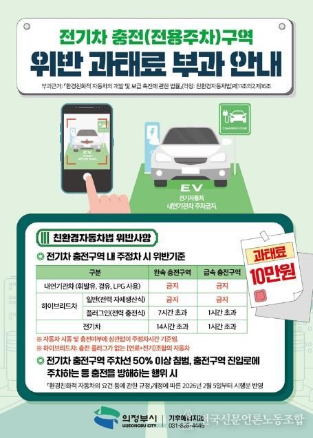 의정부시, 전기차 충전구역 주차 위반하면 '과태료 10만 원'