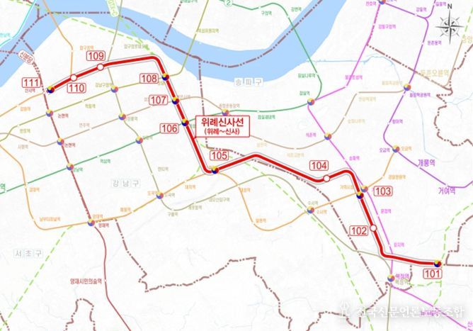 위례신사선 도시철도 노선도(정거장 위치 등은 개략적인 것이며 향후 사업계획 수립, 공사 단계 등에서 조정될 수 있음)