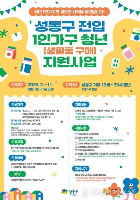 성동구 전입 1인가구 청년 생필품 구매 지원사업 안내문