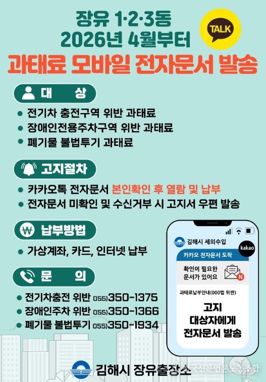 김해시 장유출장소 ‘과태료 모바일 전자문서 발송’ 시행