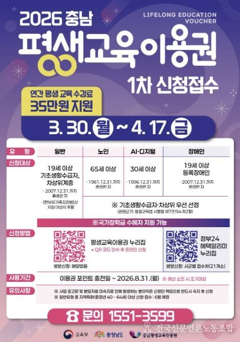 홍성군, 2026년 평생교육 이용권 신청·접수