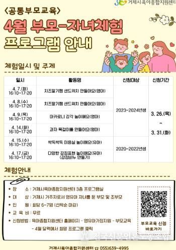거제시육아종합지원센터, 4월 ‘공통부모교육 부모-자녀체험 참여자 모집’