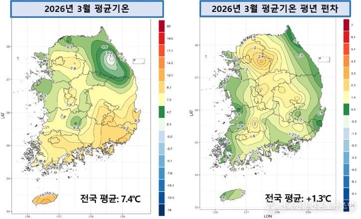 2026년 3월 전국 평균기온 및 평년 대비 편차 분포도