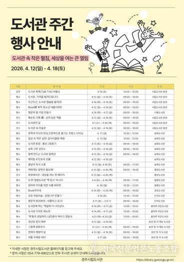 경주시립도서관이 제62회 도서관주간을 맞아 4월 12일부터 18일까지 본관과 분관, 작은도서관 7개관에서 다양한 독서문화행사를 운영한다