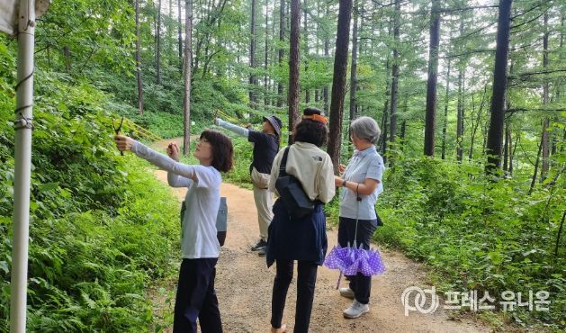 교원연수 참여자가 연수활동 중 실외 프로그램인 숲오감체험을 하고 있다. 한국산림복지진흥원 국립횡성숲체원 제공